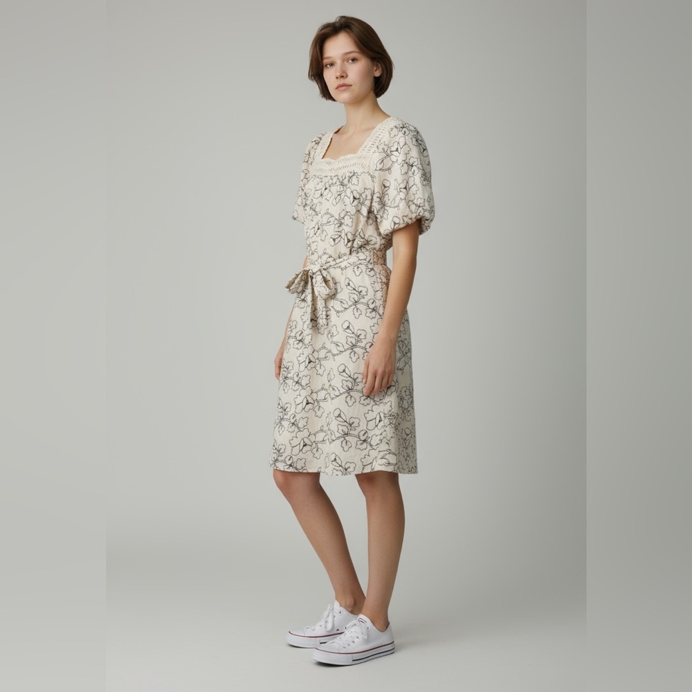 Kindred boho floral embroidered puff sleeve cottage core dress cream 90s sz XL